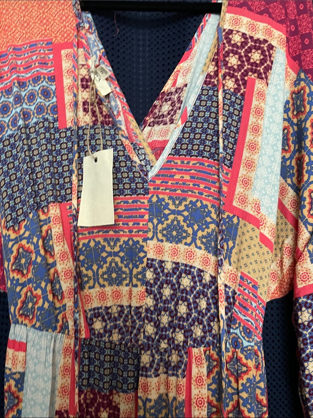 Patchwork Print Long-Sleeve V-Neck Dress in Red & Blue - Picture 10 of 15